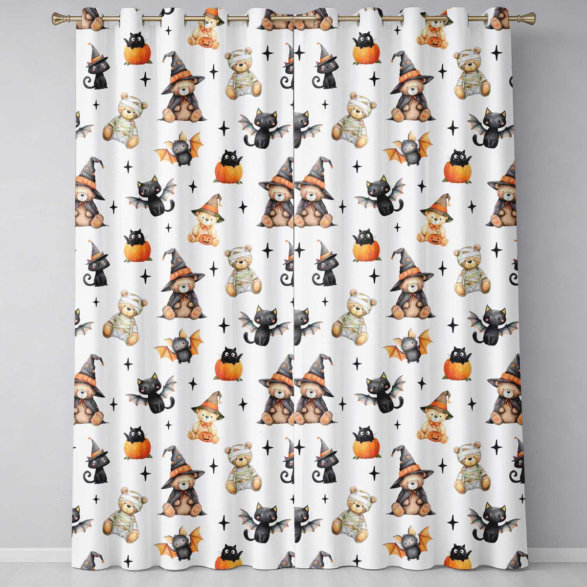 Halloween Teddy Bear Witch Cat Bat Pumpkin Seamless Pattern White  Readymade Eyelet Ring Top Thermal 100% Blackout Curtains