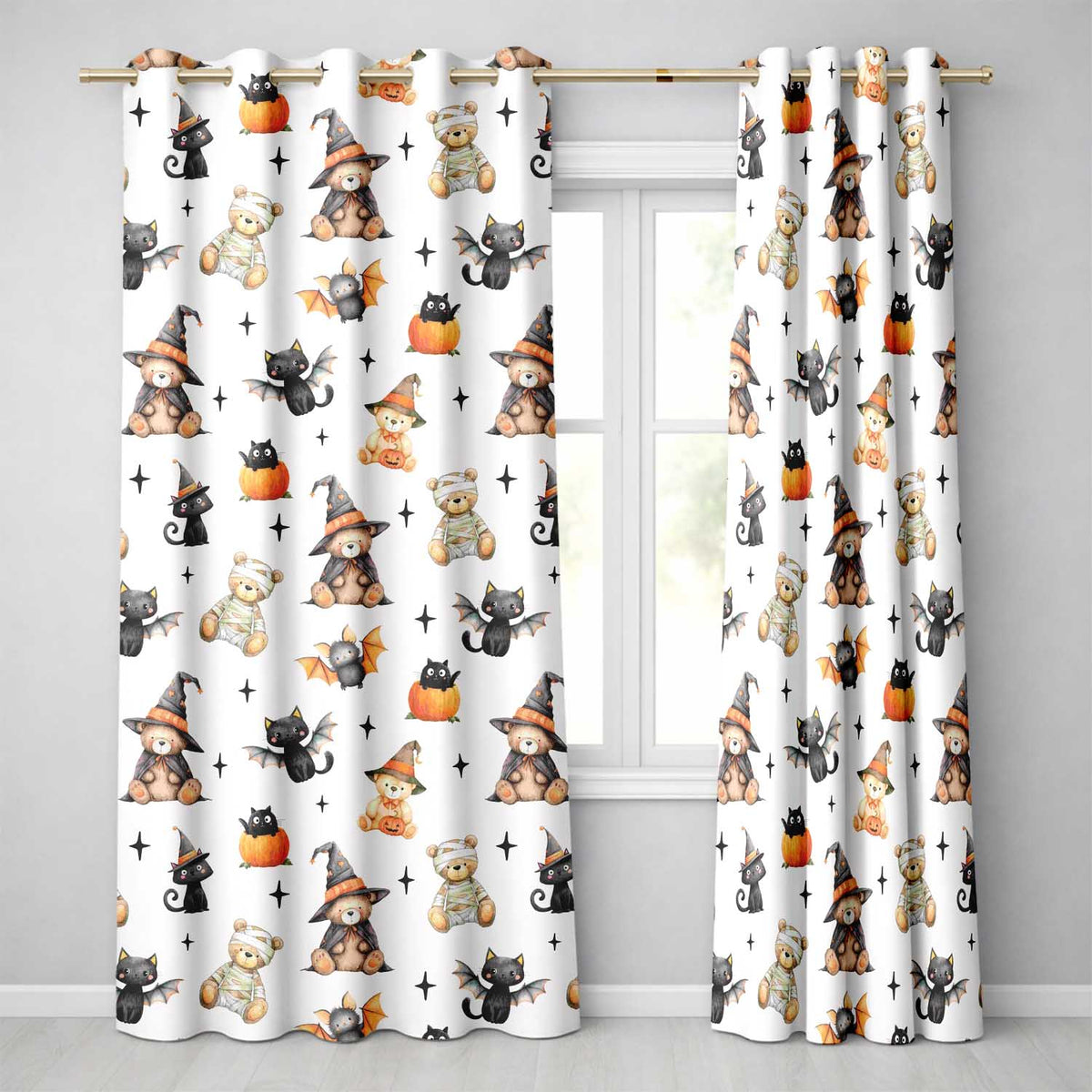 Halloween Teddy Bear Witch Cat Bat Pumpkin Seamless Pattern White  Readymade Eyelet Ring Top Thermal 100% Blackout Curtains