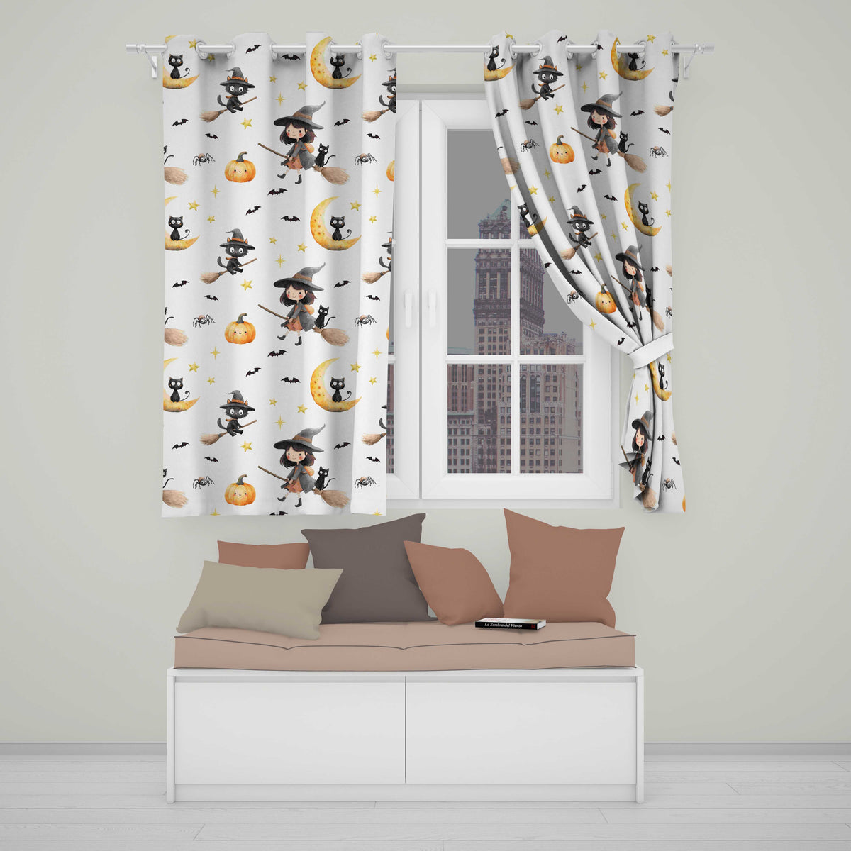 Halloween Witch Girl Cat Moon Stars Pumpkin Seamless Pattern White  Readymade Eyelet Ring Top Thermal 100% Blackout Curtains