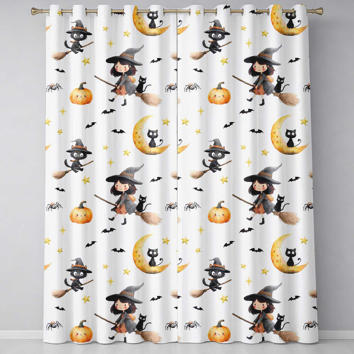 Halloween Witch Girl Cat Moon Stars Pumpkin Seamless Pattern White  Readymade Eyelet Ring Top Thermal 100% Blackout Curtains