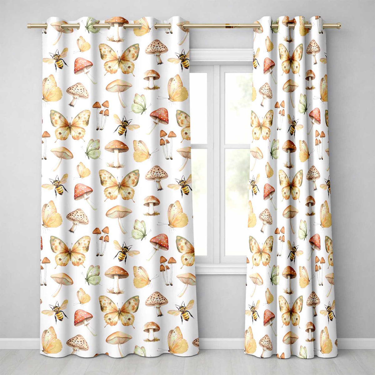 Vintage Butterflies Bees Mushrooms Nature Seamless Pattern Soft Beige  Readymade Eyelet Ring Top Thermal 100% Blackout Curtains