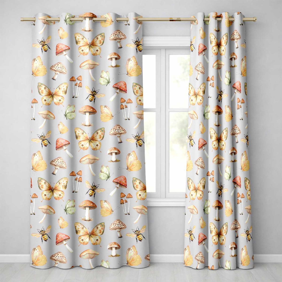 Vintage Butterflies Bees Mushrooms Nature Seamless Pattern Blue Grey Background  Readymade Eyelet Ring Top Thermal 100% Blackout Curtains