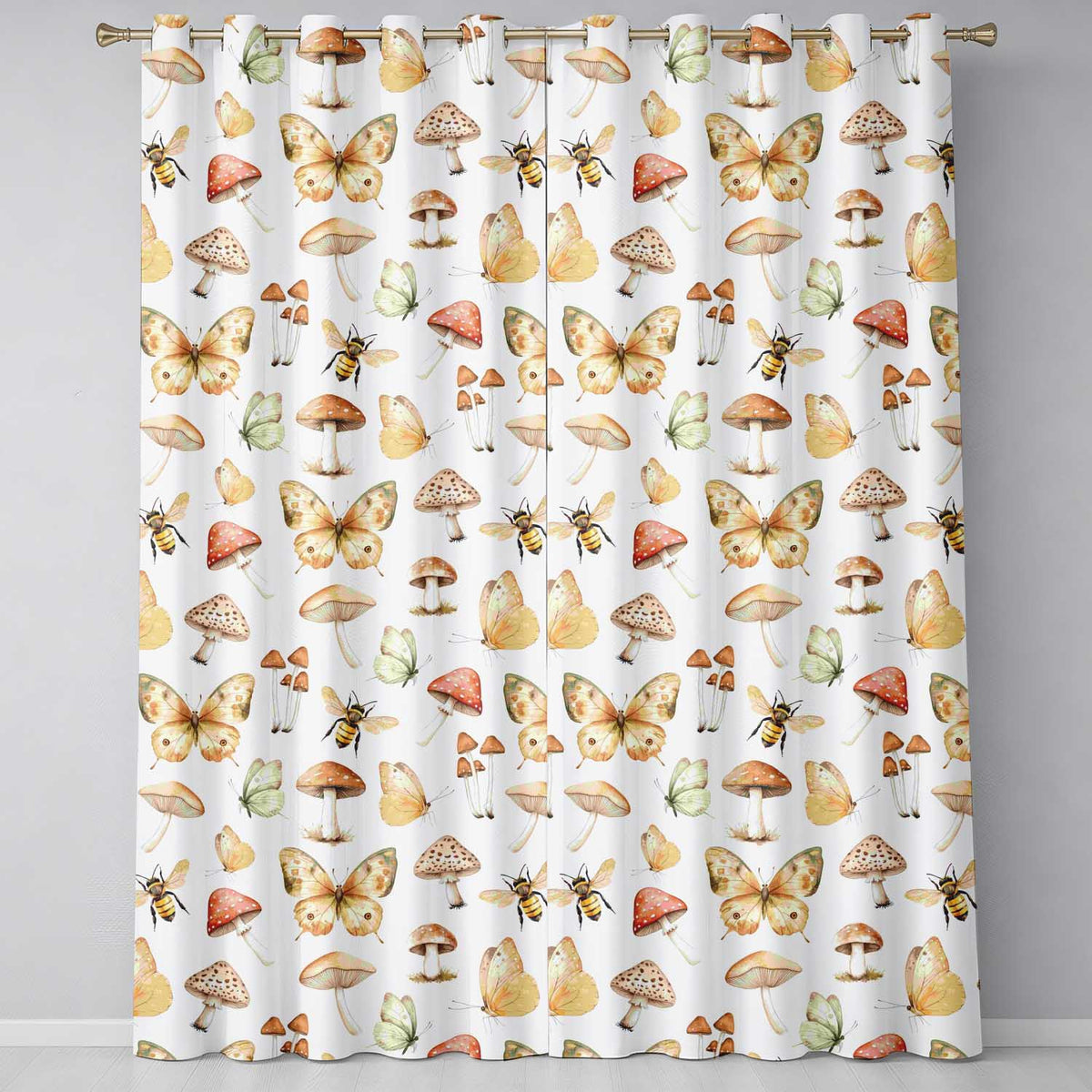 Vintage Butterflies Bees Mushrooms Nature Seamless Pattern Warm Beige  Readymade Eyelet Ring Top Thermal 100% Blackout Curtains