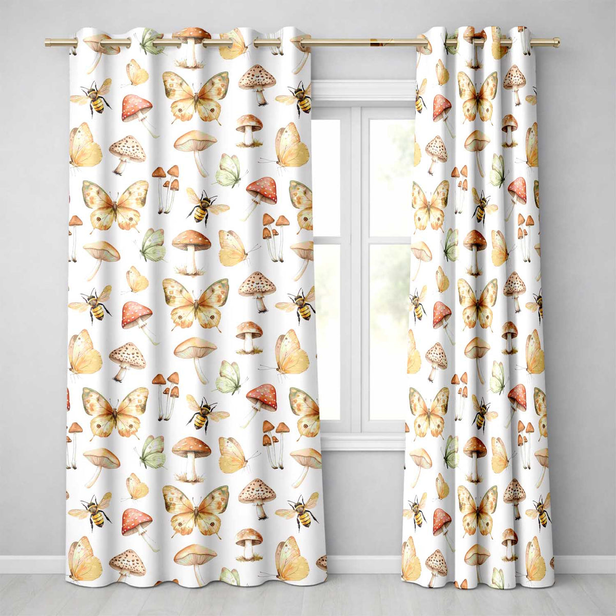 Vintage Butterflies Bees Mushrooms Nature Seamless Pattern Warm Beige  Readymade Eyelet Ring Top Thermal 100% Blackout Curtains