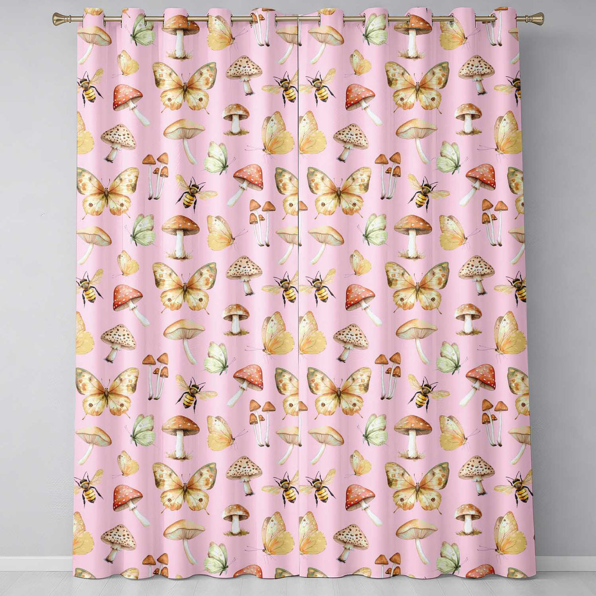 Vintage Butterflies Bees Mushrooms Nature Seamless Pattern Blush Pink  Readymade Eyelet Ring Top Thermal 100% Blackout Curtains