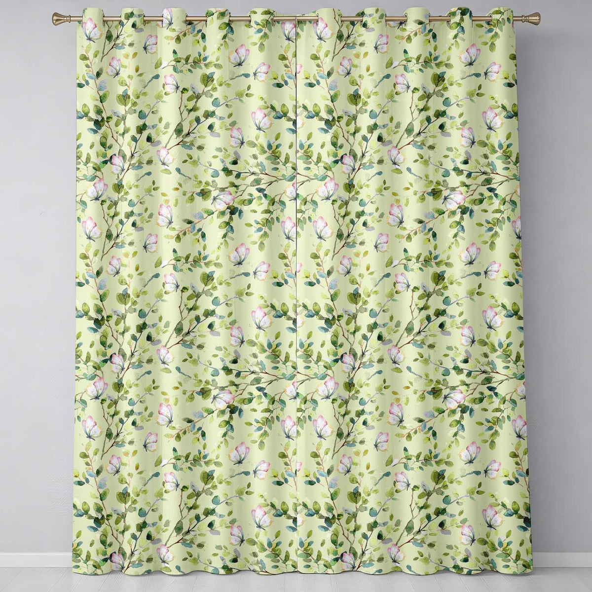 Watercolor Butterflies Green Leaves Branches Seamless Pattern Soft Cream  Readymade Eyelet Ring Top Thermal 100% Blackout Curtains
