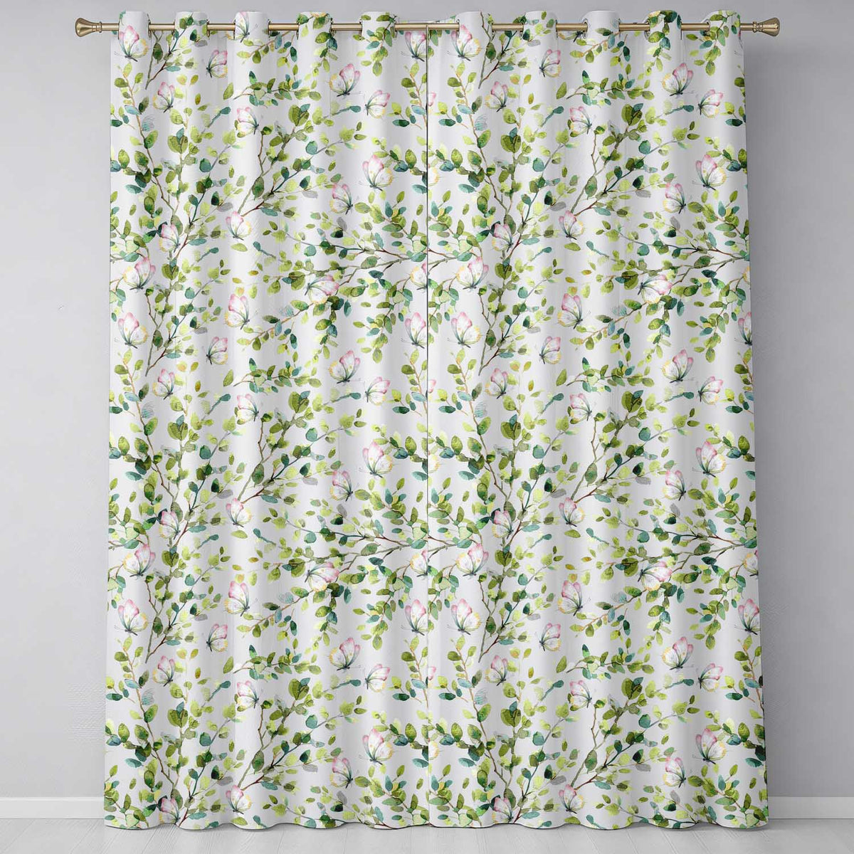 Watercolor Butterflies Green Leaves Branches Seamless Pattern Light Blue  Readymade Eyelet Ring Top Thermal 100% Blackout Curtains