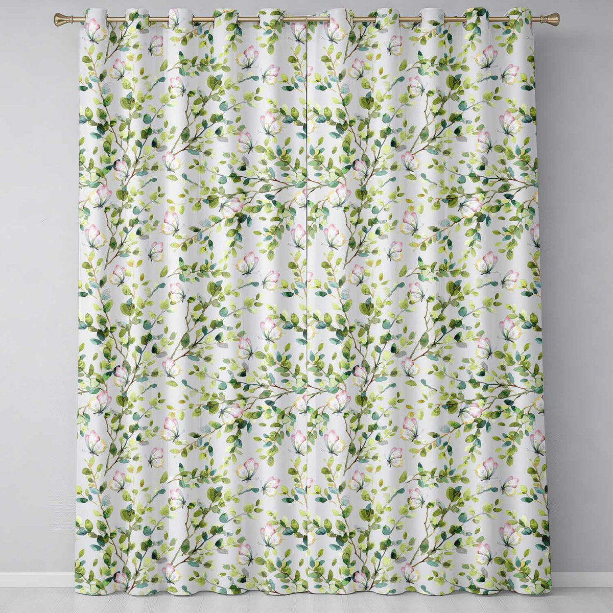 Watercolor Butterflies Green Leaves Branches Seamless Pattern Soft Sage  Readymade Eyelet Ring Top Thermal 100% Blackout Curtains