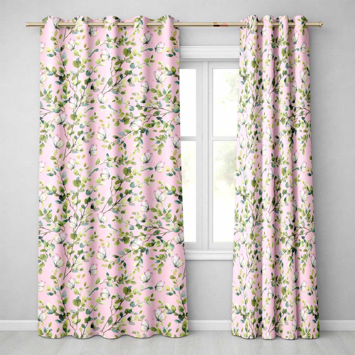 Watercolor Butterflies Green Leaves Branches Seamless Pattern Soft Pink  Readymade Eyelet Ring Top Thermal 100% Blackout Curtains