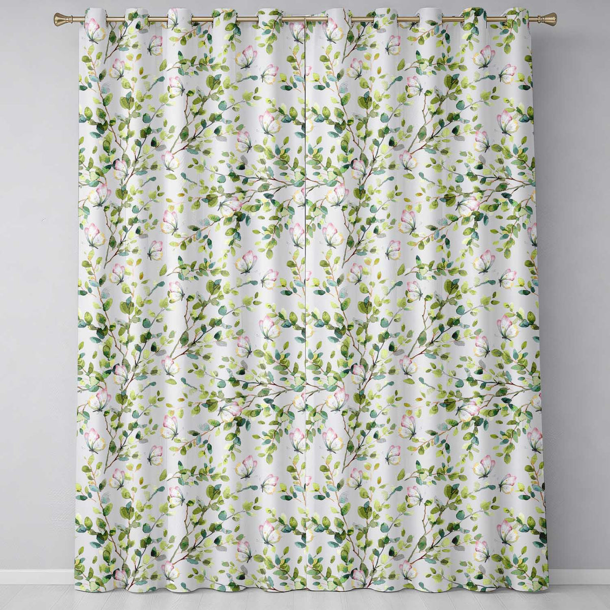 Watercolor Butterflies Green Leaves Branches Seamless Pattern Light Lilac  Readymade Eyelet Ring Top Thermal 100% Blackout Curtains