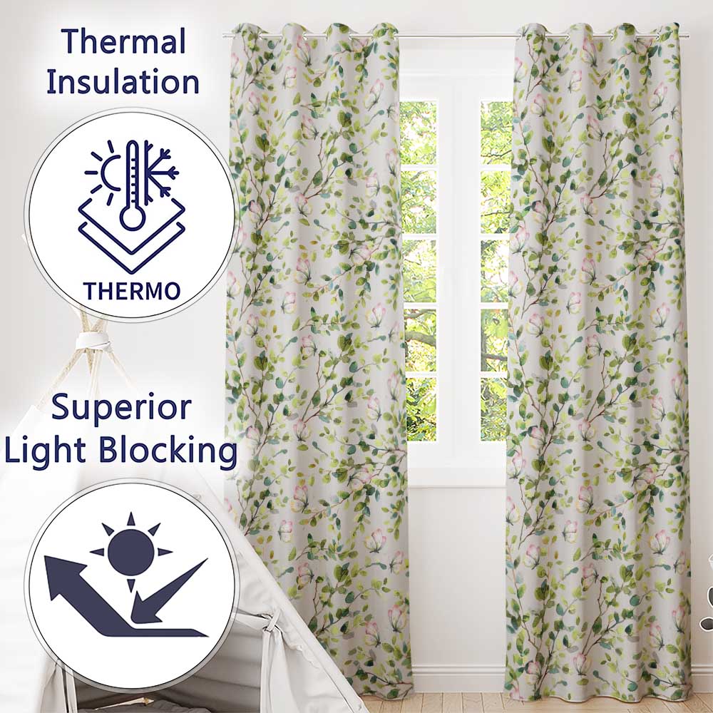 Watercolor Butterflies Green Leaves Branches Seamless Pattern Light Lilac  Readymade Eyelet Ring Top Thermal 100% Blackout Curtains