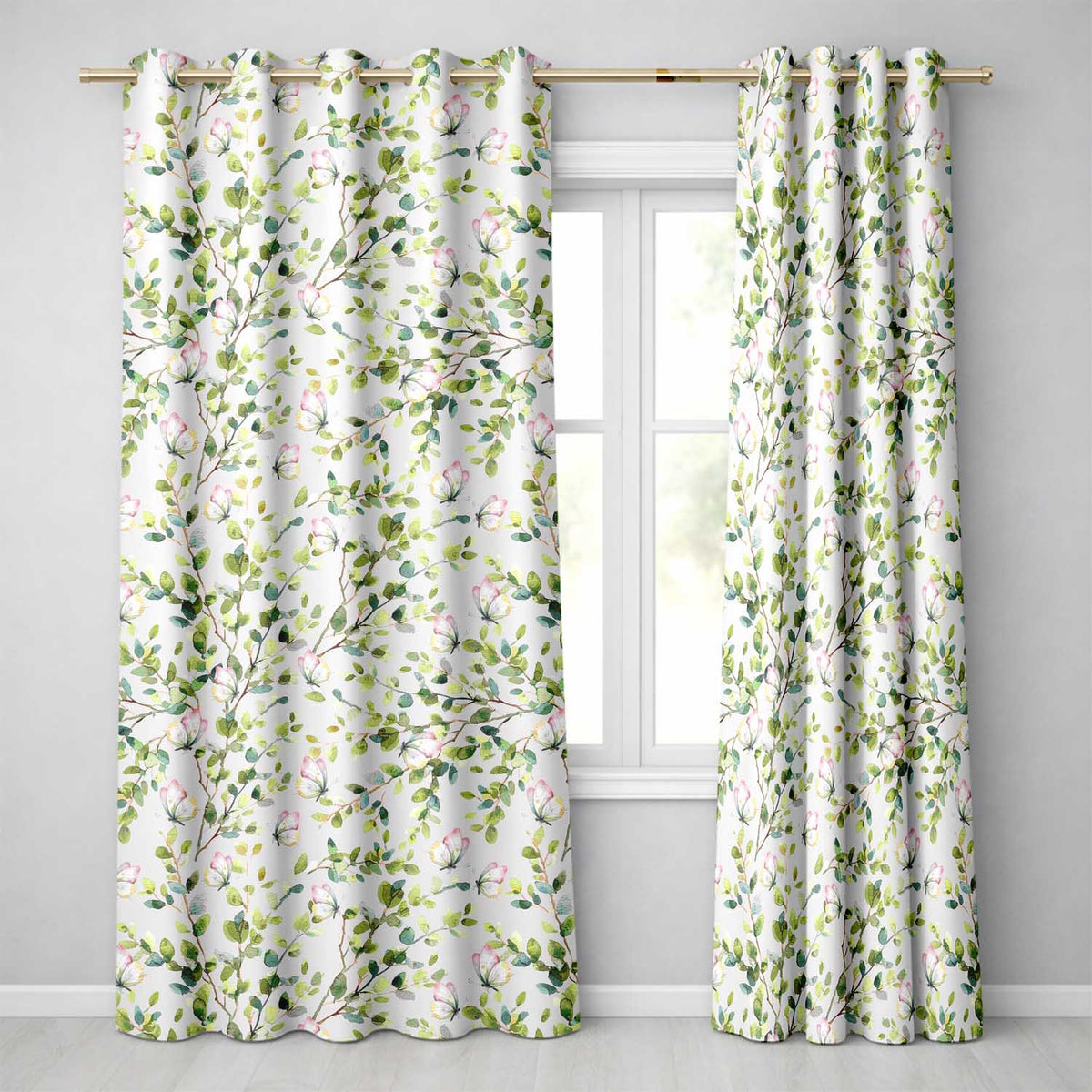 Watercolor Butterflies Green Leaves Branches Seamless Pattern Light Lilac  Readymade Eyelet Ring Top Thermal 100% Blackout Curtains