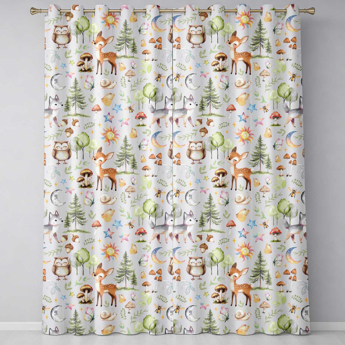 Watercolor Forest Animals Deer Owl Mushrooms Stars Seamless Pattern Readymade Eyelet Ring Top Thermal 100% Blackout Curtains