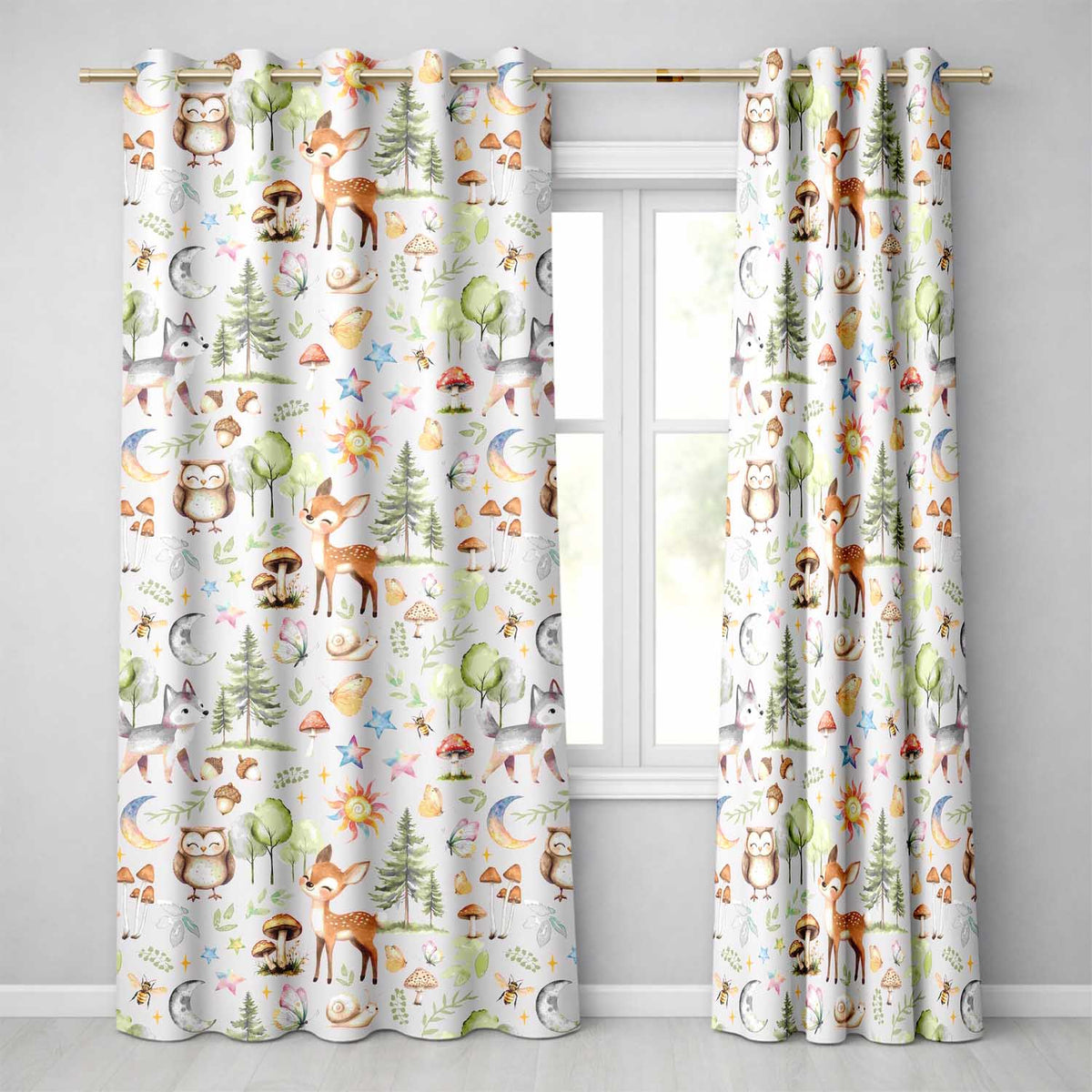 Watercolor Forest Animals Deer Owl Mushrooms Stars Seamless Pattern Readymade Eyelet Ring Top Thermal 100% Blackout Curtains