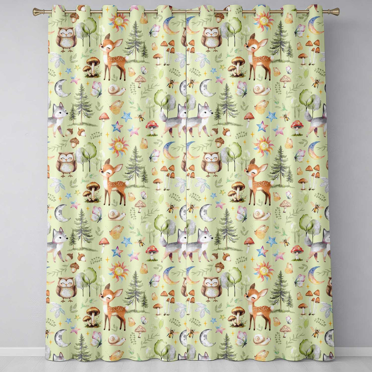 Watercolor Forest Animal Deer Owl Mushrooms Stars Seamless Pattern Light Cream  Readymade Eyelet Ring Top Thermal 100% Blackout Curtains
