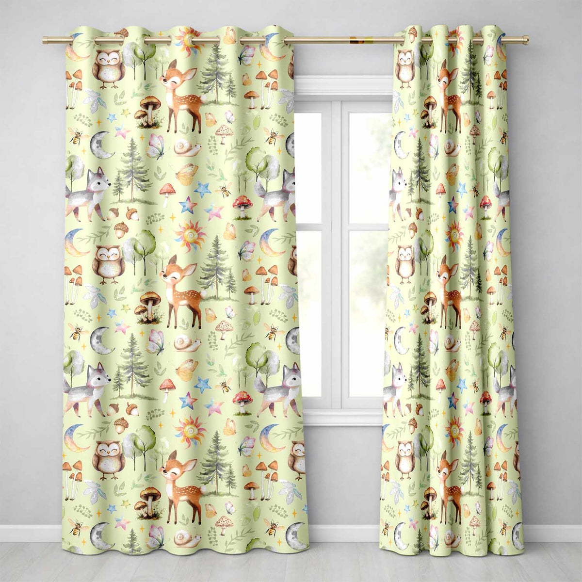 Watercolor Forest Animal Deer Owl Mushrooms Stars Seamless Pattern Light Cream  Readymade Eyelet Ring Top Thermal 100% Blackout Curtains