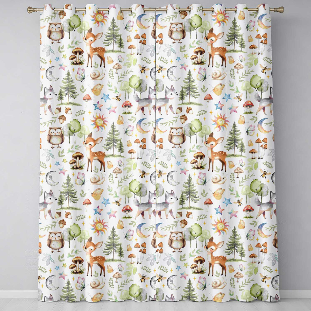 Watercolor Forest Animals Deer Owl Mushrooms Stars Seamless Pattern Soft Grey  Readymade Eyelet Ring Top Thermal 100% Blackout Curtains