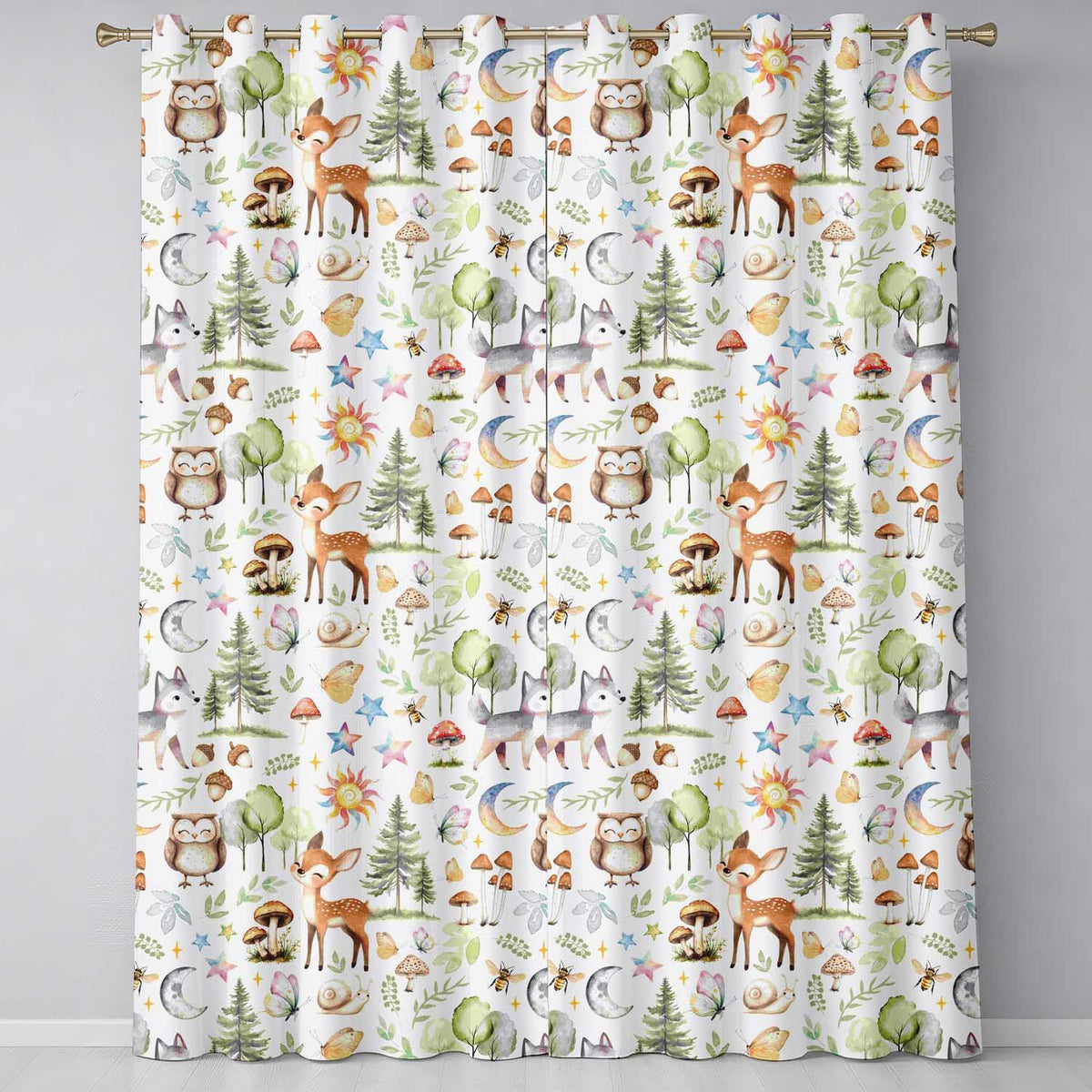 Watercolor Forest Animals Deer Owl Mushrooms Stars Seamless Pattern Warm Beige  Readymade Eyelet Ring Top Thermal 100% Blackout Curtains