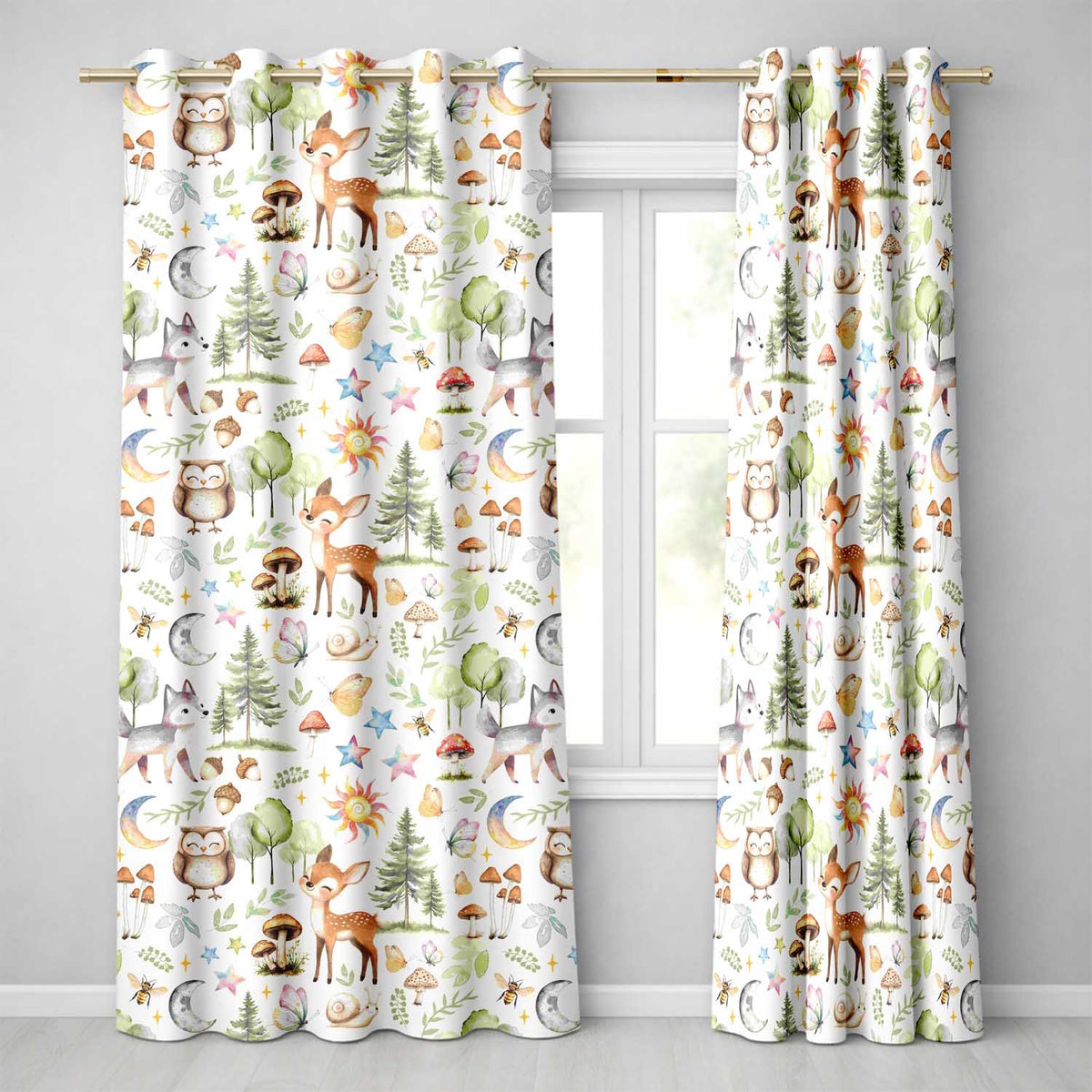 Watercolor Forest Animals Deer Owl Mushrooms Stars Seamless Pattern Warm Beige  Readymade Eyelet Ring Top Thermal 100% Blackout Curtains