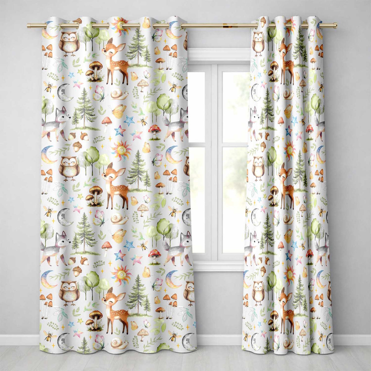 Watercolor Forest Animals Deer Owl Mushrooms Stars Seamless Pattern Soft Blue  Readymade Eyelet Ring Top Thermal 100% Blackout Curtains