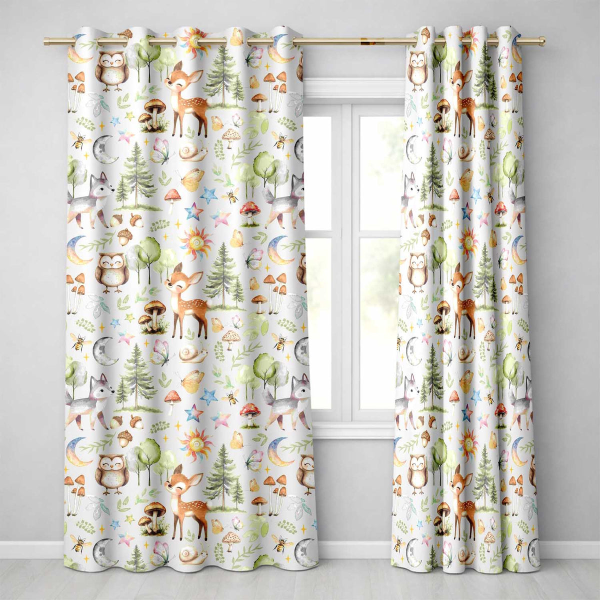 Watercolor Forest Animals Deer Owl Mushrooms Stars Seamless Pattern Sage Green  Readymade Eyelet Ring Top Thermal 100% Blackout Curtains