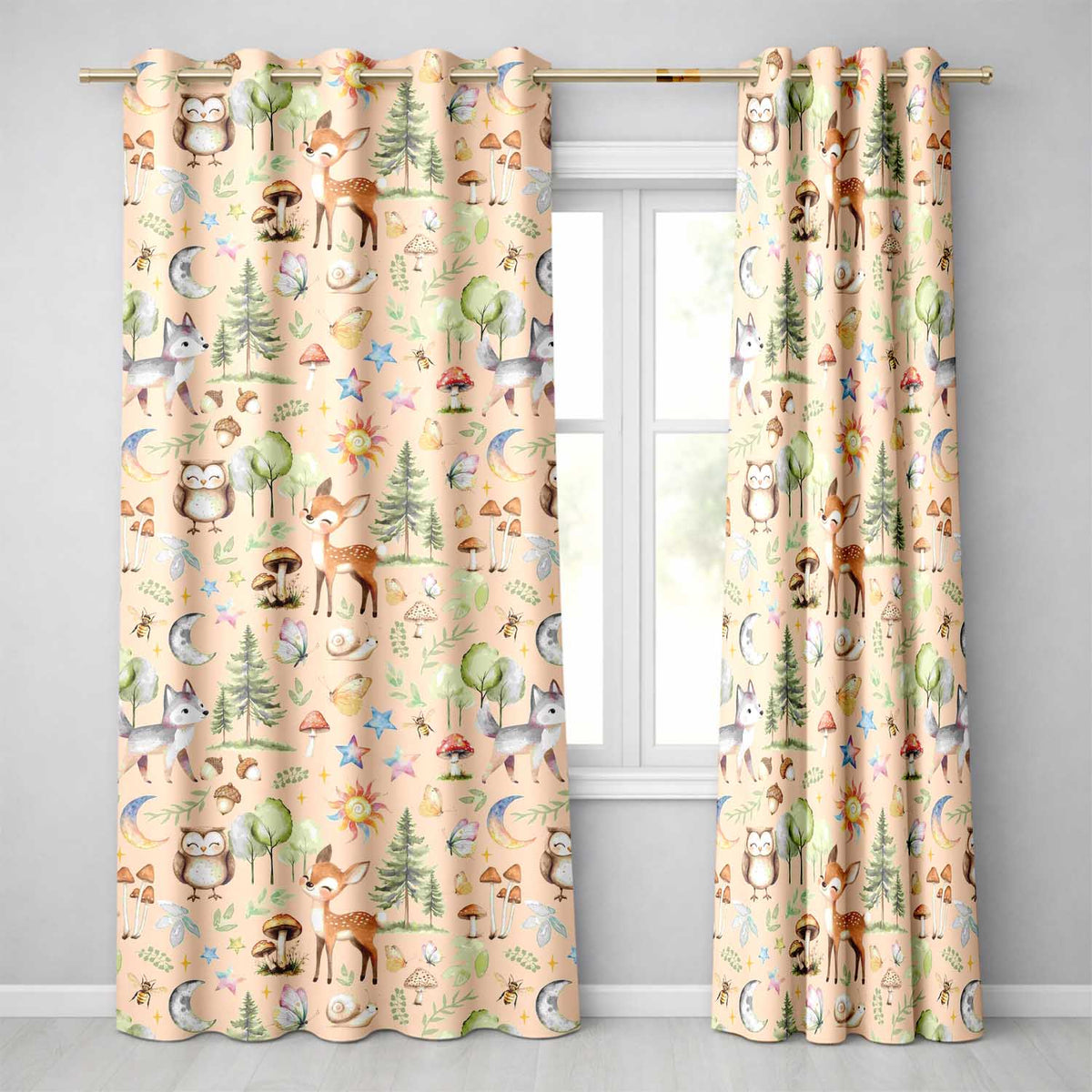 Watercolor Forest Animal Deer Owl Mushrooms Stars Seamless Pattern Light Peach  Readymade Eyelet Ring Top Thermal 100% Blackout Curtains