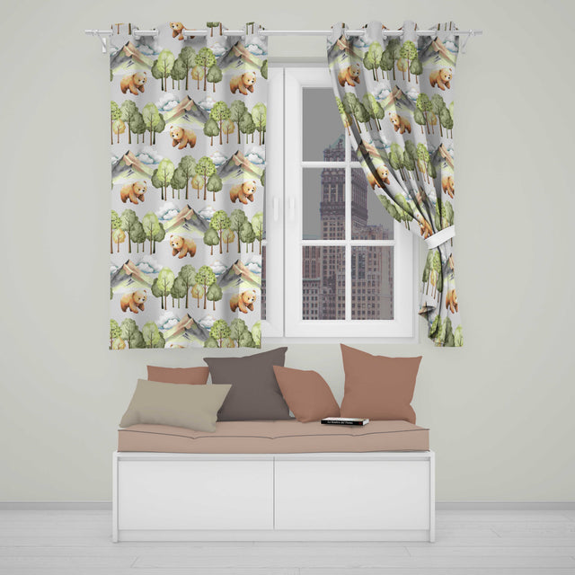 Watercolor Woodland Bears Trees Mountains Seamless Pattern  Grey Background  Readymade Eyelet Ring Top Thermal 100% Blackout Curtains