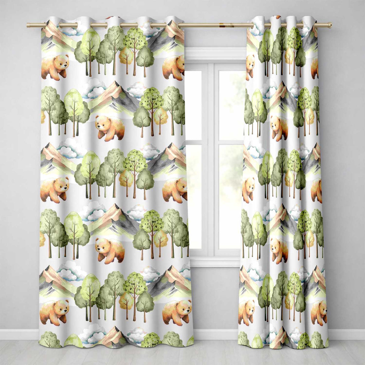 Watercolor Woodland Bears Trees Mountains Seamless Pattern  Grey Background  Readymade Eyelet Ring Top Thermal 100% Blackout Curtains
