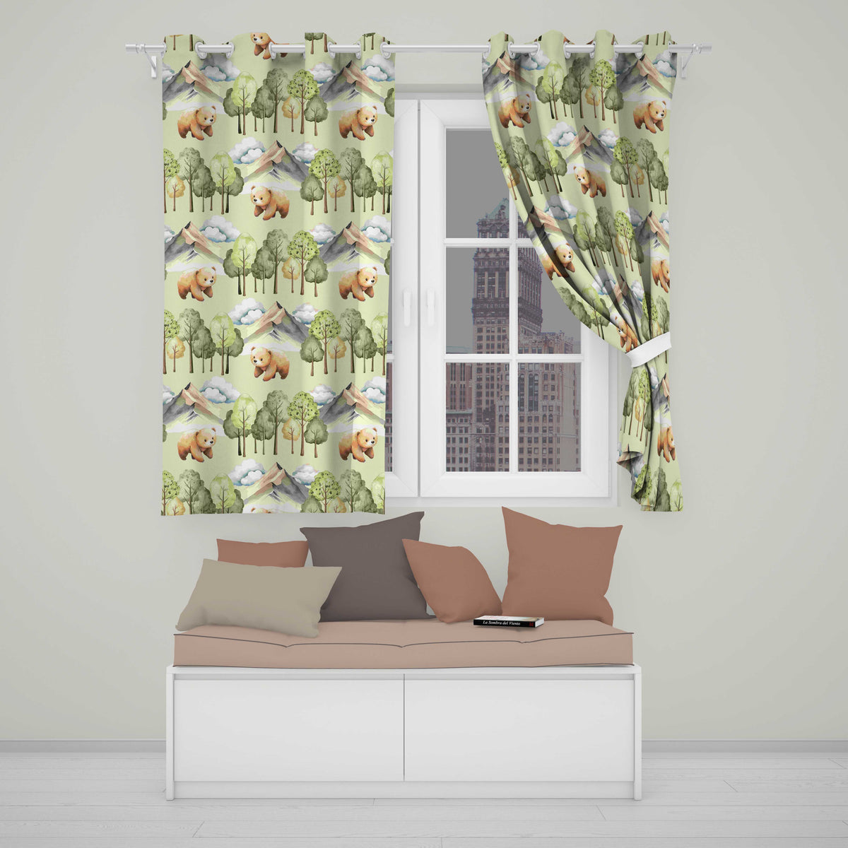 Watercolor Woodland Bear Trees Mountains Seamless Pattern Sage Green Background  Readymade Eyelet Ring Top Thermal 100% Blackout Curtains