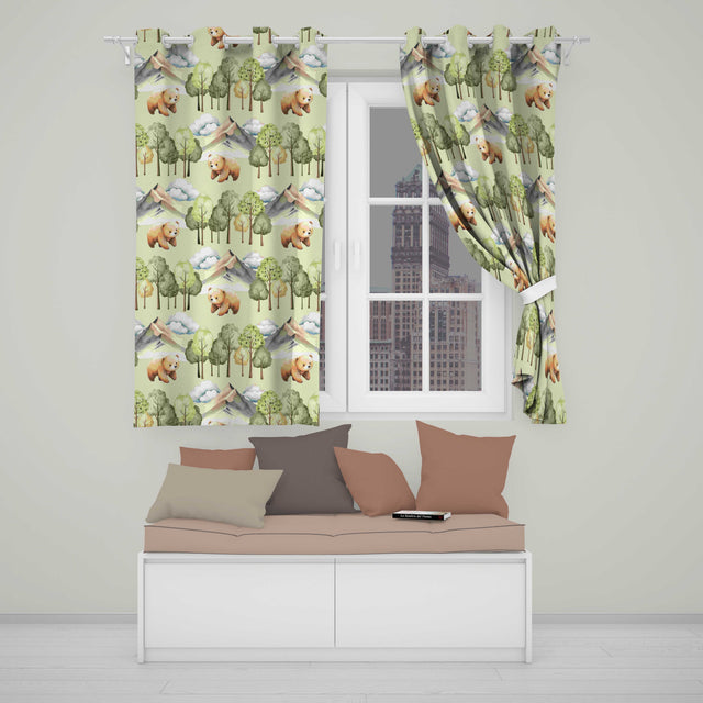 Watercolor Woodland Bear Trees Mountains Seamless Pattern Sage Green Background  Readymade Eyelet Ring Top Thermal 100% Blackout Curtains