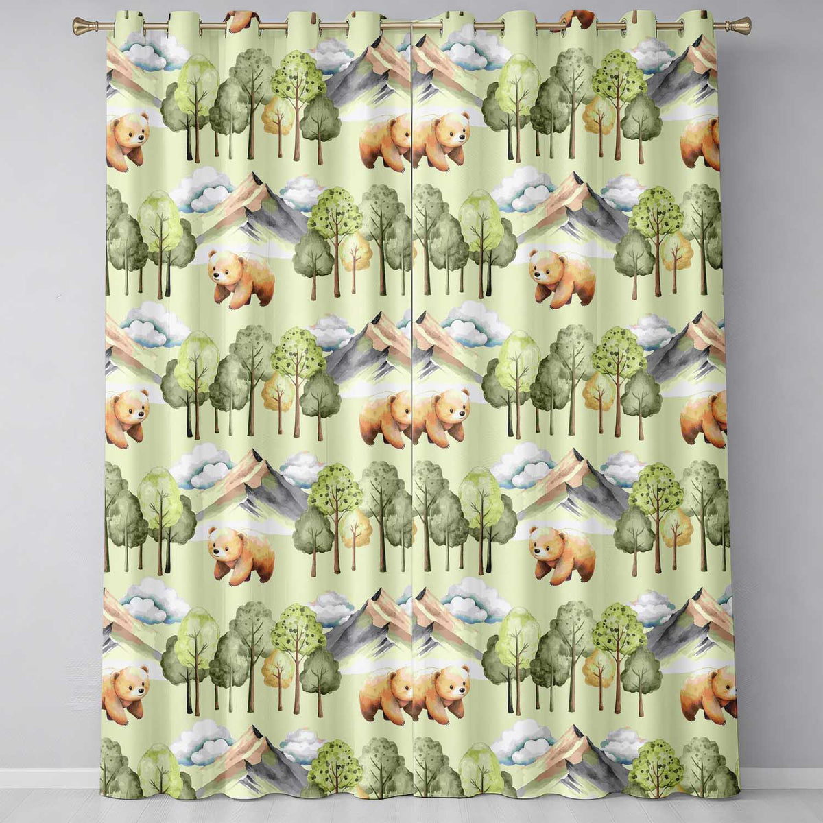 Watercolor Woodland Bear Trees Mountains Seamless Pattern Sage Green Background  Readymade Eyelet Ring Top Thermal 100% Blackout Curtains