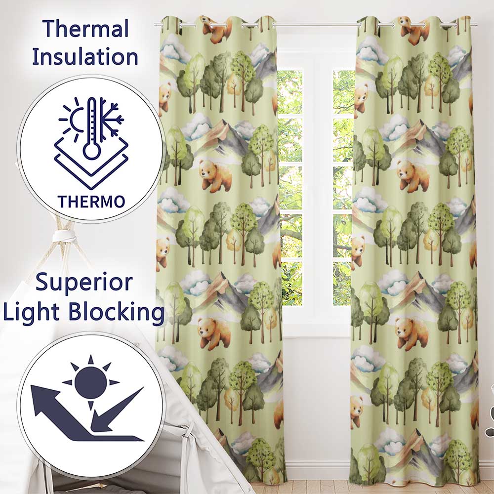 Watercolor Woodland Bear Trees Mountains Seamless Pattern Sage Green Background  Readymade Eyelet Ring Top Thermal 100% Blackout Curtains
