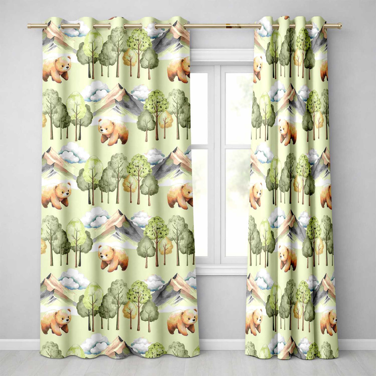 Watercolor Woodland Bear Trees Mountains Seamless Pattern Sage Green Background  Readymade Eyelet Ring Top Thermal 100% Blackout Curtains