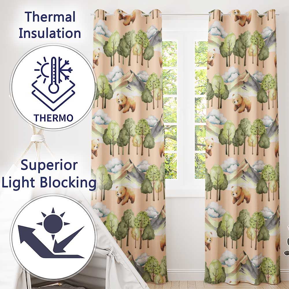Watercolor Woodland Bear Trees Mountains Seamless Pattern Light Peach  Readymade Eyelet Ring Top Thermal 100% Blackout Curtains