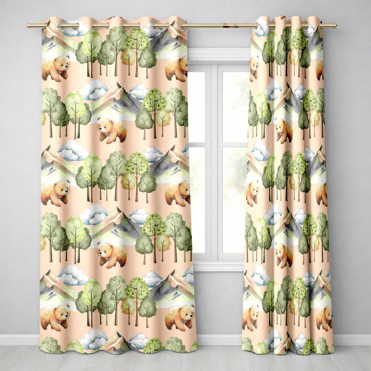 Watercolor Woodland Bear Trees Mountains Seamless Pattern Light Peach  Readymade Eyelet Ring Top Thermal 100% Blackout Curtains