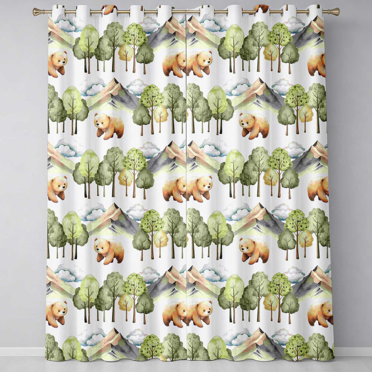 Watercolor Woodland Bear Trees Mountains Seamless Pattern Pale Grey Background  Readymade Eyelet Ring Top Thermal 100% Blackout Curtains