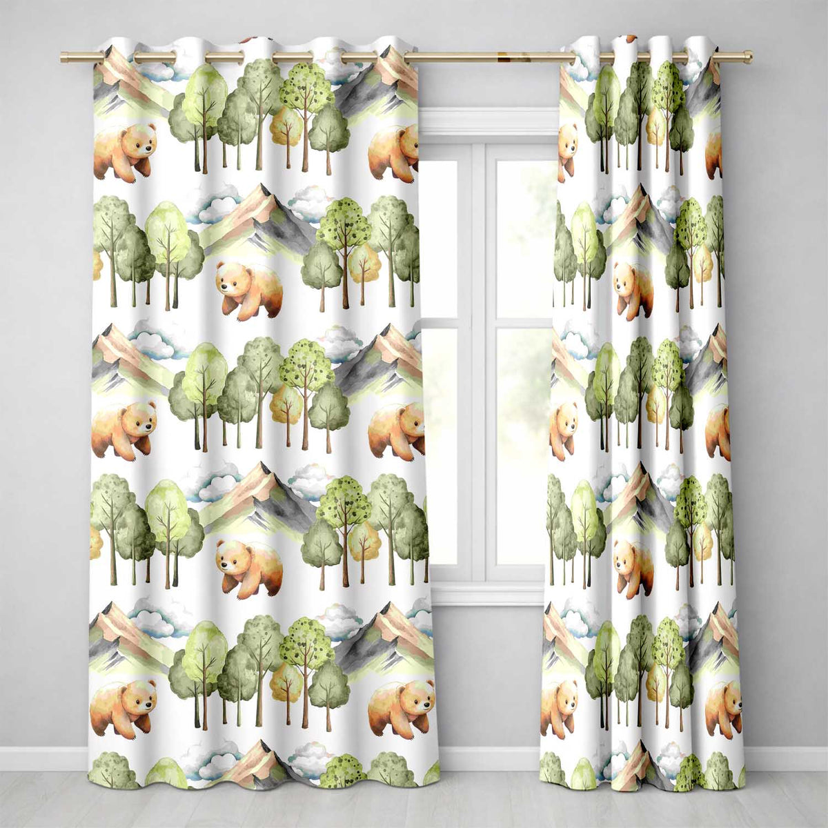 Watercolor Woodland Bear Trees Mountains Seamless Pattern Pale Grey Background  Readymade Eyelet Ring Top Thermal 100% Blackout Curtains
