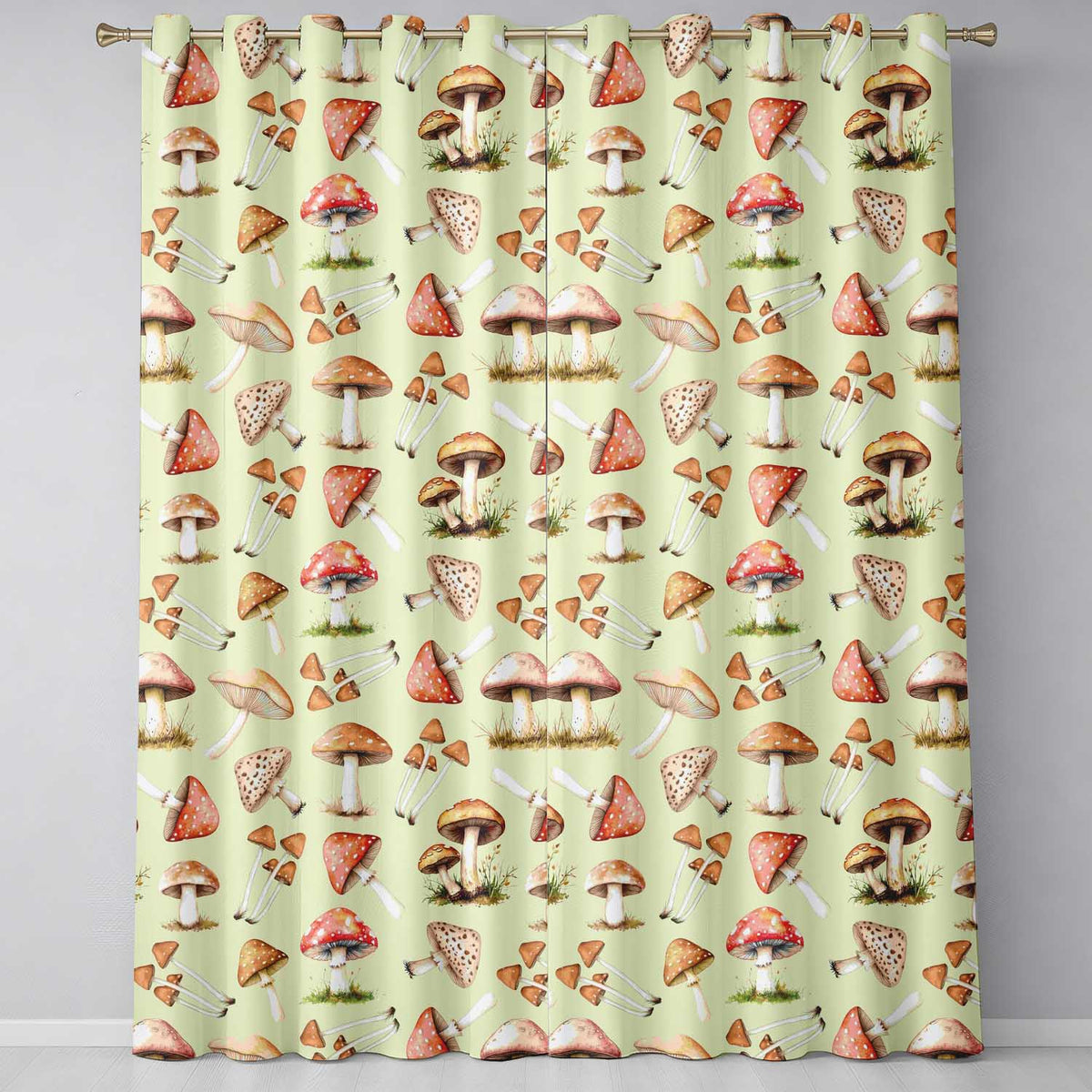 Watercolor Forest Mushrooms Toadstools Seamless Pattern Warm Beige Background  Readymade Eyelet Ring Top Thermal 100% Blackout Curtains