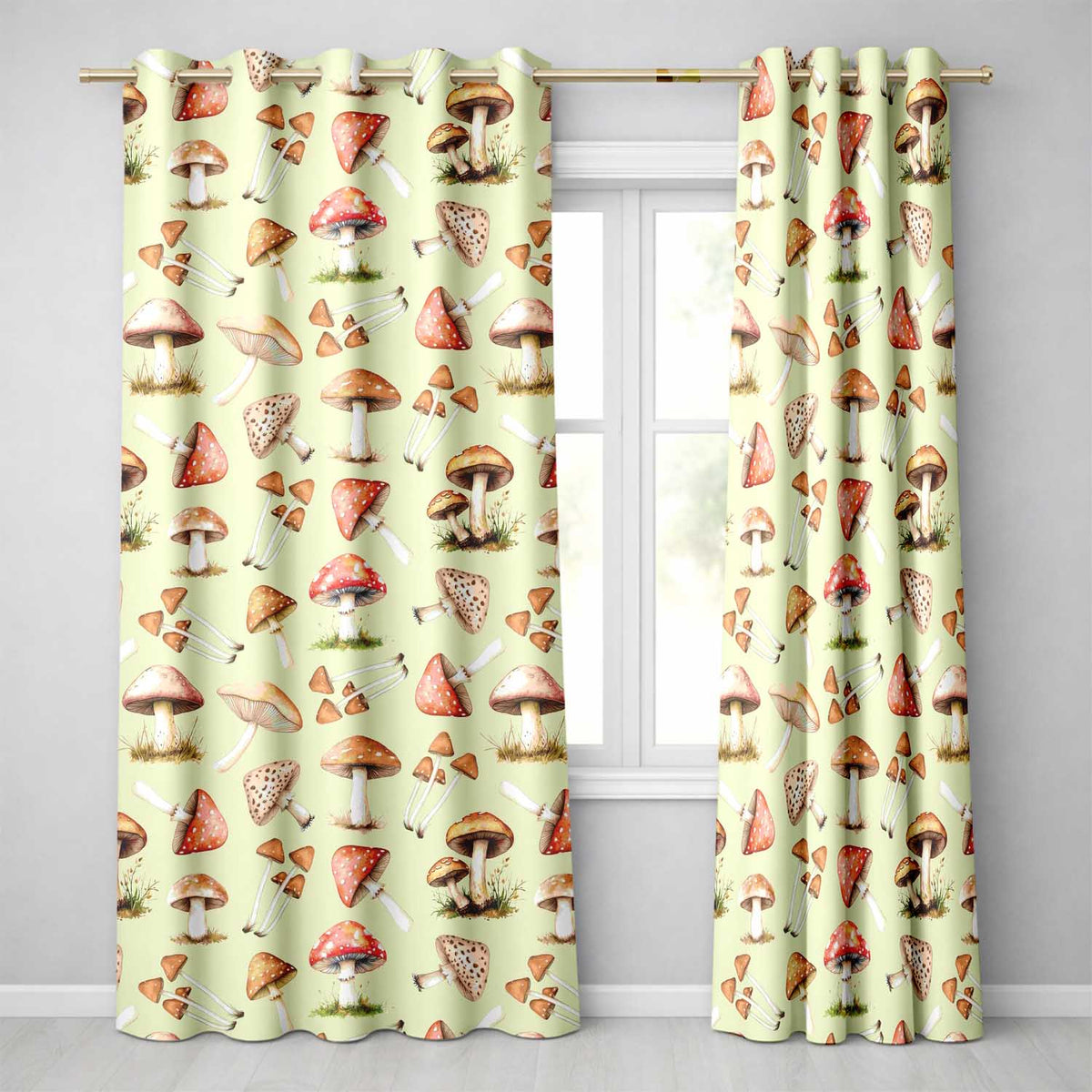 Watercolor Forest Mushrooms Toadstools Seamless Pattern Warm Beige Background  Readymade Eyelet Ring Top Thermal 100% Blackout Curtains