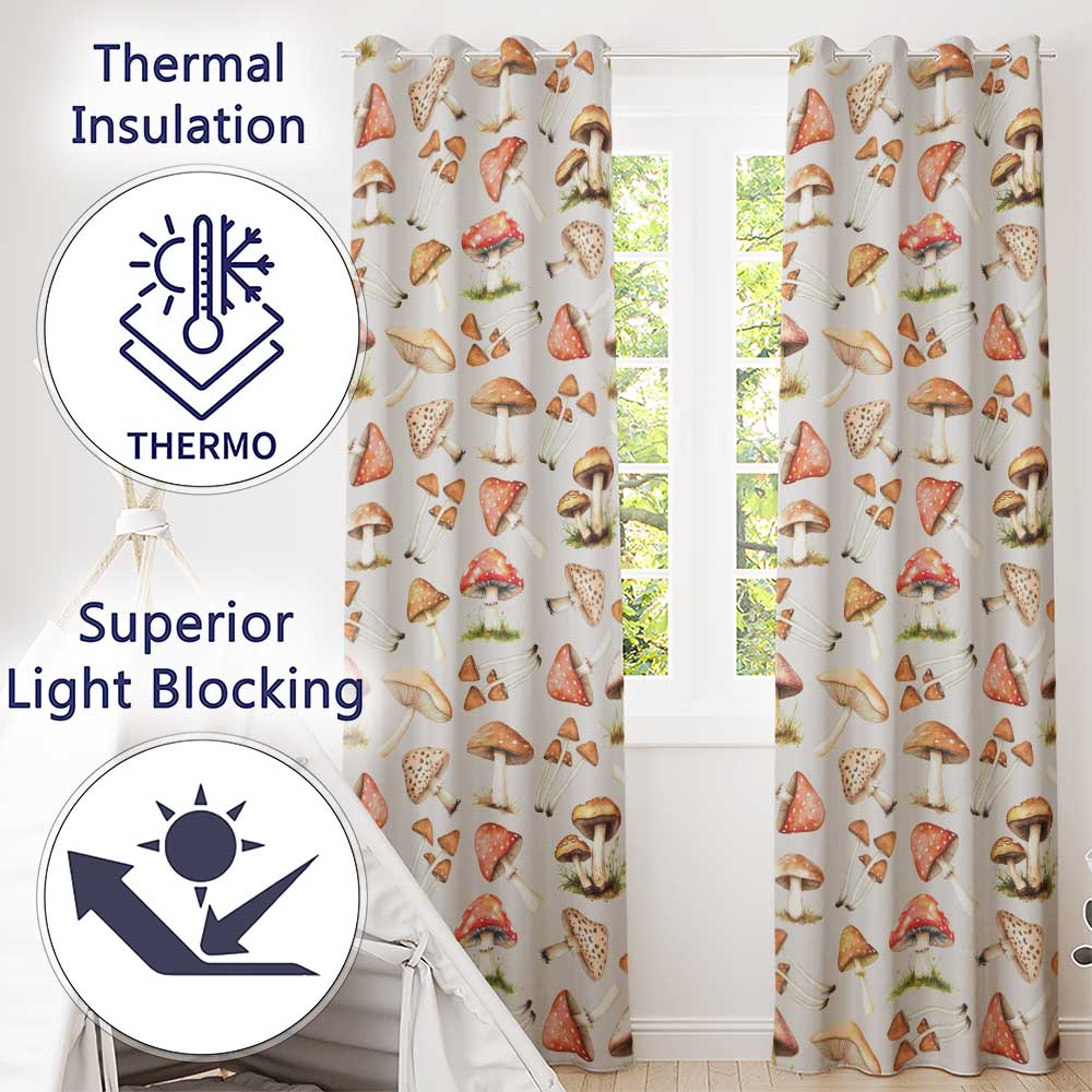Watercolor Forest Mushrooms Toadstools Seamless Pattern Cream Background  Readymade Eyelet Ring Top Thermal 100% Blackout Curtains