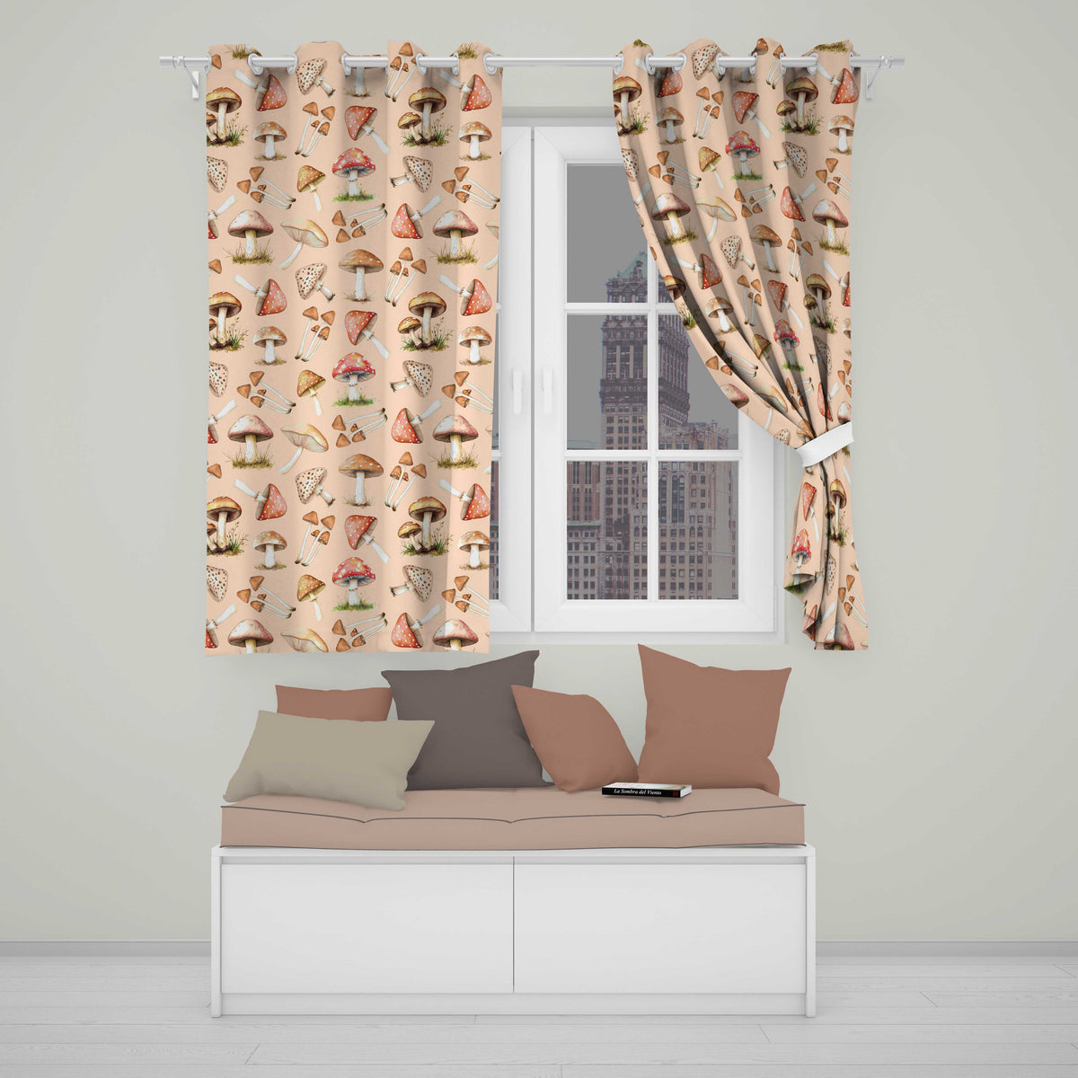 Watercolor Forest Mushrooms Toadstools Seamless Pattern Warm Beige Background  Readymade Eyelet Ring Top Thermal 100% Blackout Curtains