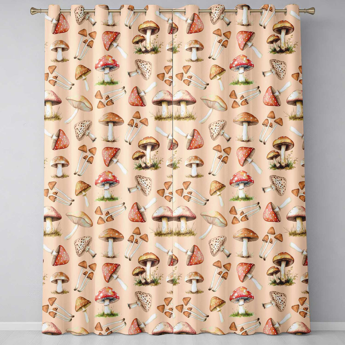 Watercolor Forest Mushrooms Toadstools Seamless Pattern Warm Beige Background  Readymade Eyelet Ring Top Thermal 100% Blackout Curtains