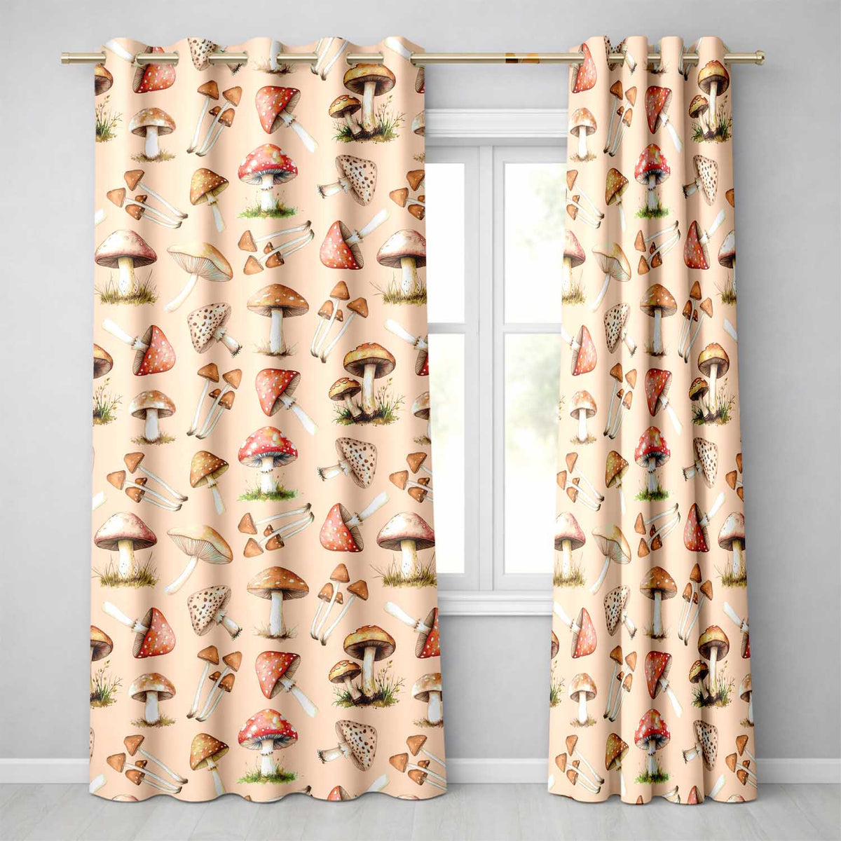 Watercolor Forest Mushrooms Toadstools Seamless Pattern Warm Beige Background  Readymade Eyelet Ring Top Thermal 100% Blackout Curtains