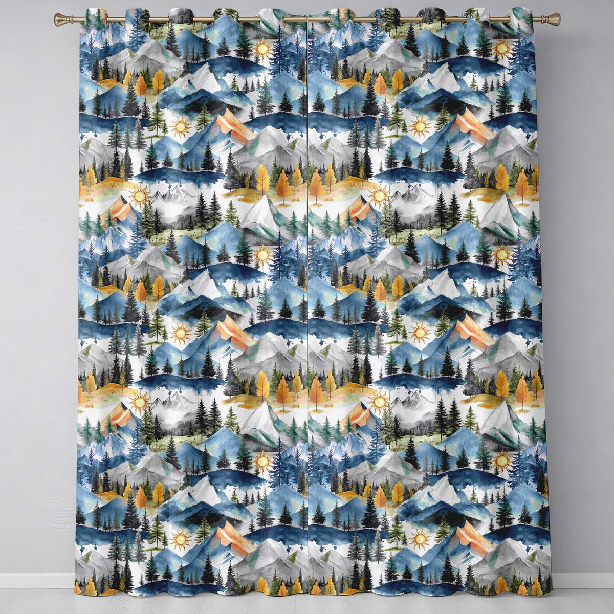 Watercolor Mountain Forest Landscape Sunset Seamless Pattern Cream Background  Readymade Eyelet Ring Top Thermal 100% Blackout Curtains