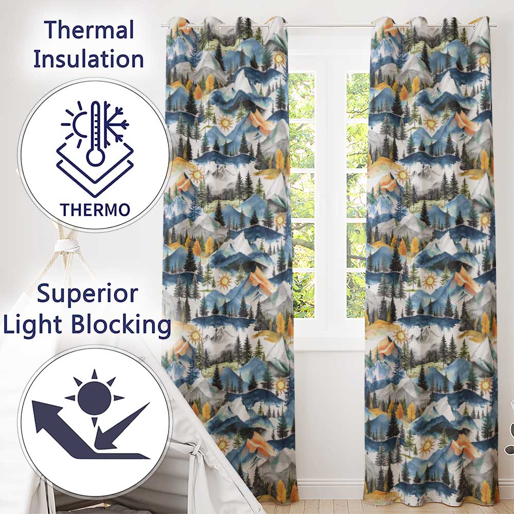 Watercolor Mountain Forest Landscape Sunset Seamless Pattern Cream Background  Readymade Eyelet Ring Top Thermal 100% Blackout Curtains