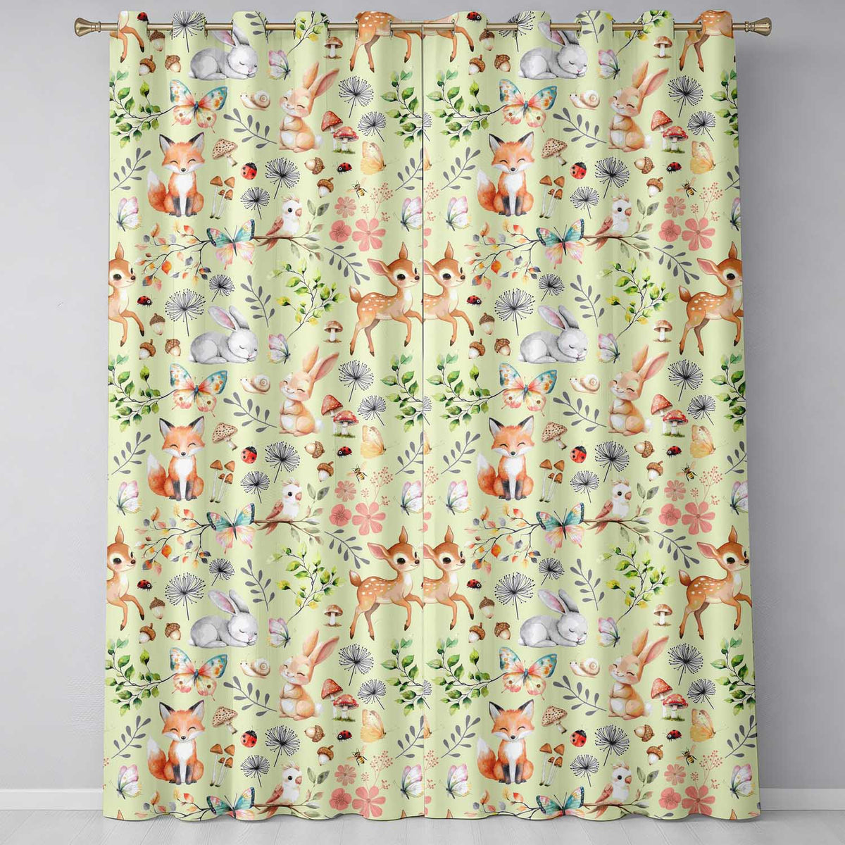 Woodland Animals Rabbit Fox Butterfly Seamless Pattern Sage Green  Readymade Eyelet Ring Top Thermal 100% Blackout Curtains