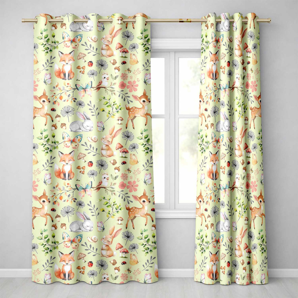 Woodland Animals Rabbit Fox Butterfly Seamless Pattern Sage Green  Readymade Eyelet Ring Top Thermal 100% Blackout Curtains