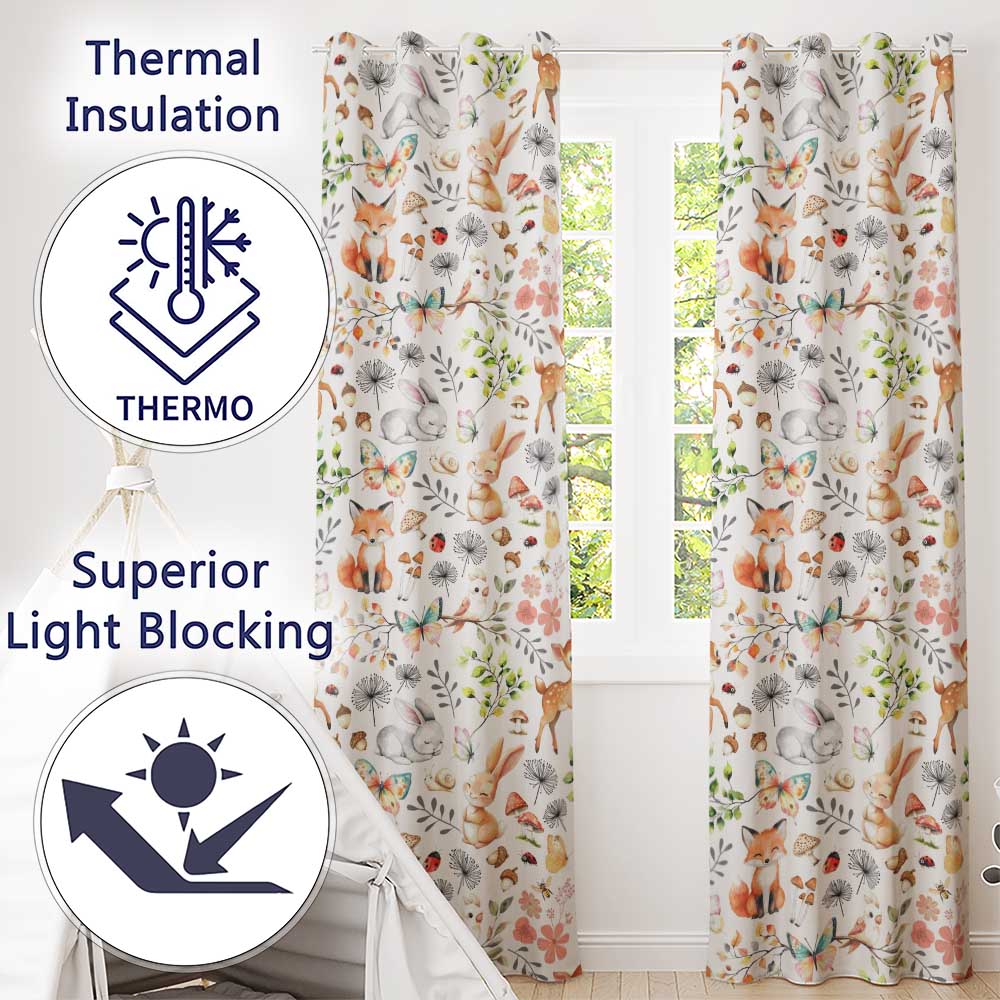 Cute Woodland Animals Rabbit Fox Butterfly Seamless Pattern Cream Background  Readymade Eyelet Ring Top Thermal 100% Blackout Curtains