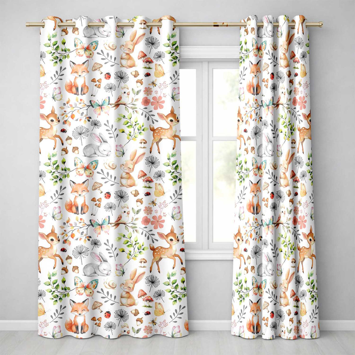 Cute Woodland Animals Rabbit Fox Butterfly Seamless Pattern Cream Background  Readymade Eyelet Ring Top Thermal 100% Blackout Curtains