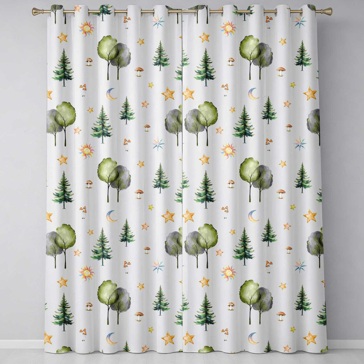 Watercolor Forest Trees Mushrooms Sun Moon Stars Seamless Pattern Light Readymade Eyelet Ring Top Thermal 100% Blackout Curtains